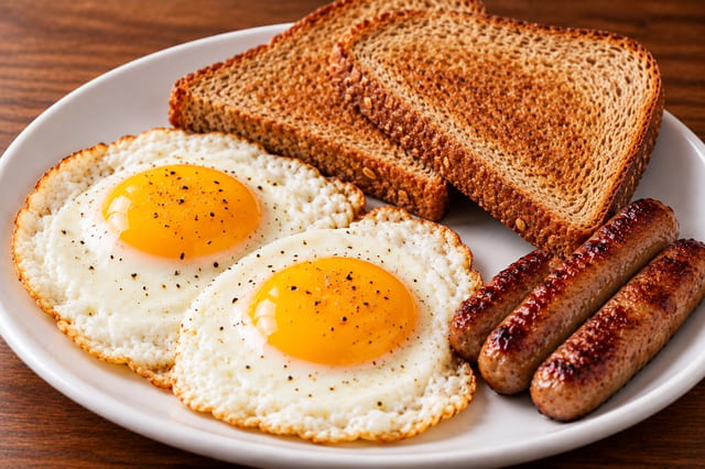 Simple Breakfast - 2 Eggs, Bacon or Sausage,  & Toast.